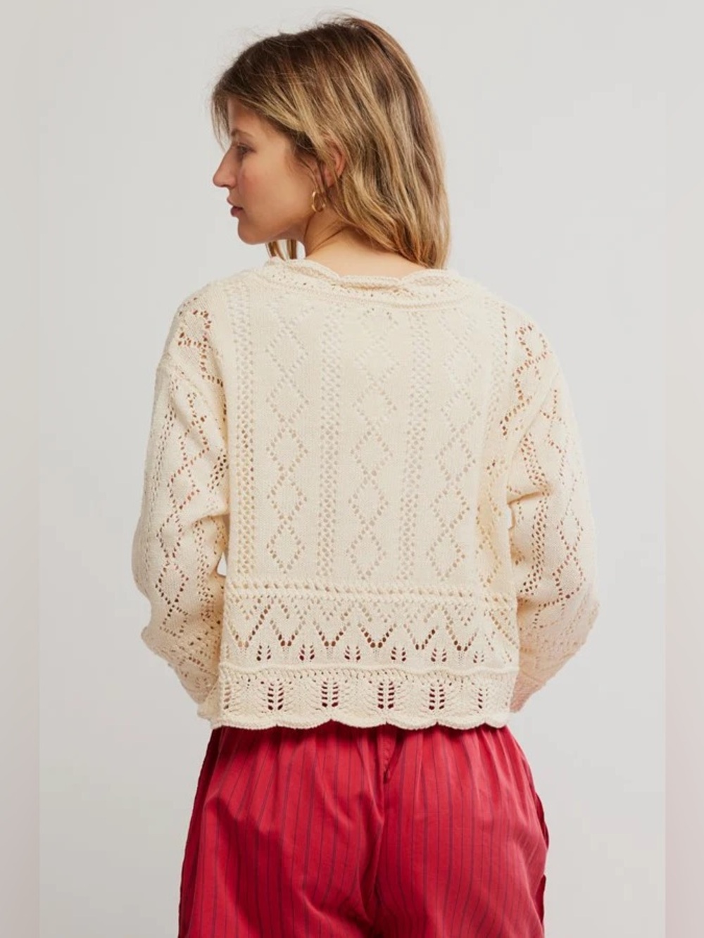 Free People Charlotte Sweater Shortbread Ivory V-Neck Pointelle Scalloped Large - Picture 2 of 14